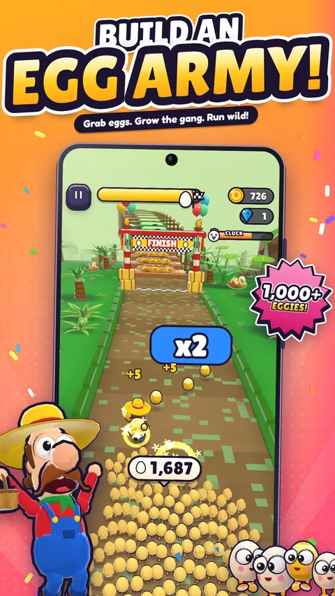 Eggrun poster: Build an egg army! A crowd of more than a thousand eggies running behind Piccolino toward the finish.