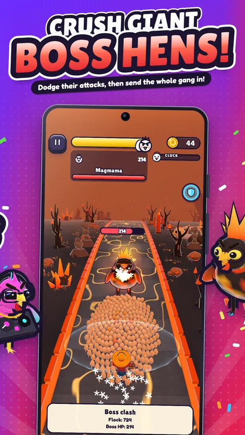 Eggrun poster: Crush giant boss hens! The gang charges Magmama on a lava track.