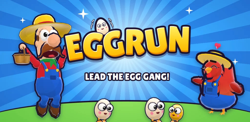 Eggrun: the farmer cheering, a hen in overalls and a crowd of little egg runners under the title Lead the egg gang!
