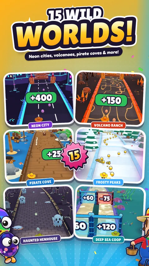 Eggrun poster: 15 wild worlds, including Neon City, Volcano Ranch, Pirate Cove, Frosty Peaks, Haunted Henhouse and Deep Sea Coop.