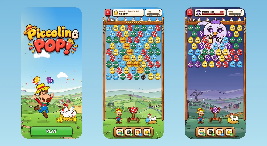 Piccolino Pop!: the farmer cheering under the game’s logo, next to a level full of colourful eggs.