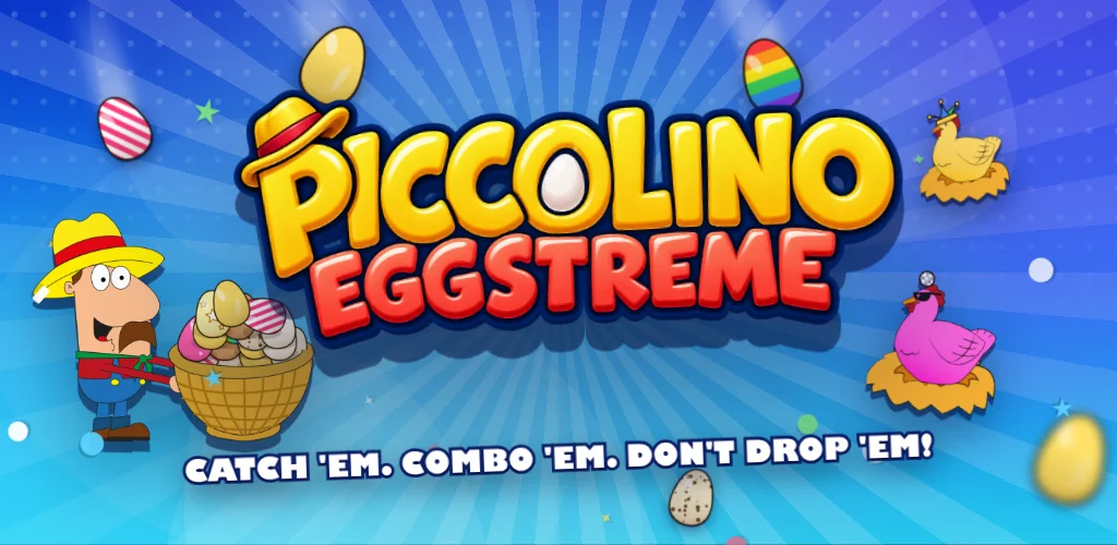 Piccolino Eggstreme: the farmer with a basket of eggs, hens on their nests and the tagline Catch ’em. Combo ’em. Don’t drop ’em!