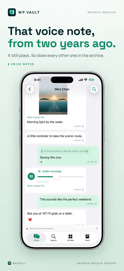 A conversation with a photo and a playing voice message.