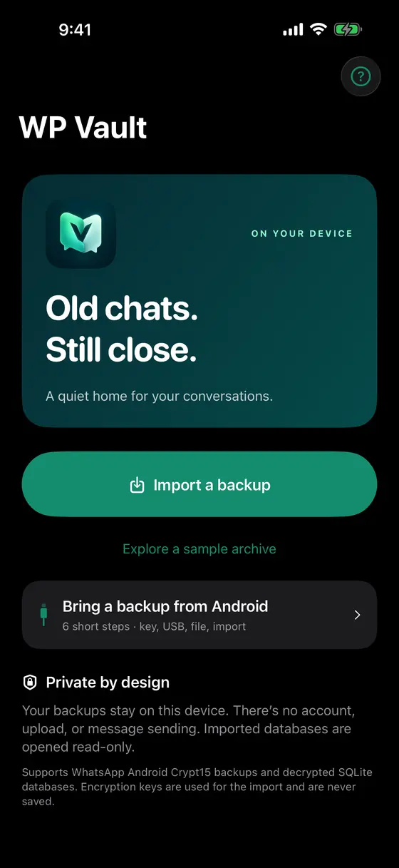 WP Vault’s home screen with the Import a backup button, a sample archive link and a six-step guide for bringing a backup from Android.
